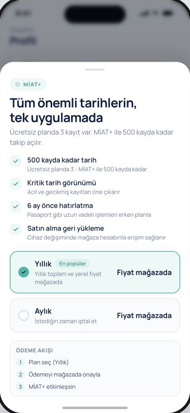 MİAT+ ekranı - güncel fiyat mağazada